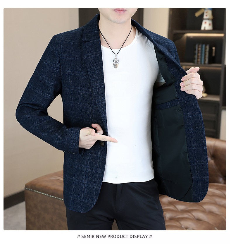 Blazer's New Men's Fashion Outdoor Travel Camping Youth Wedding Hosting Campus Slimming Casual Checkered Korean Version Blazer