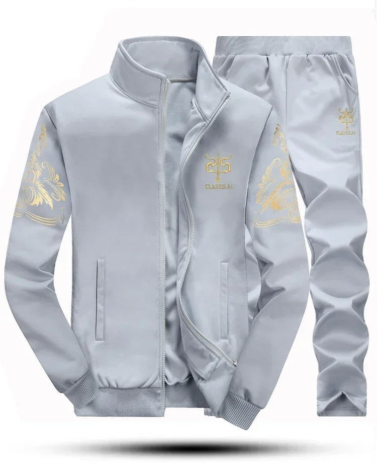 Winter Men's Sports Suit with Fleece and Warm Standing Collar Jacket+men's Drawstring Sports Pants Fashionable Printed Men's Set