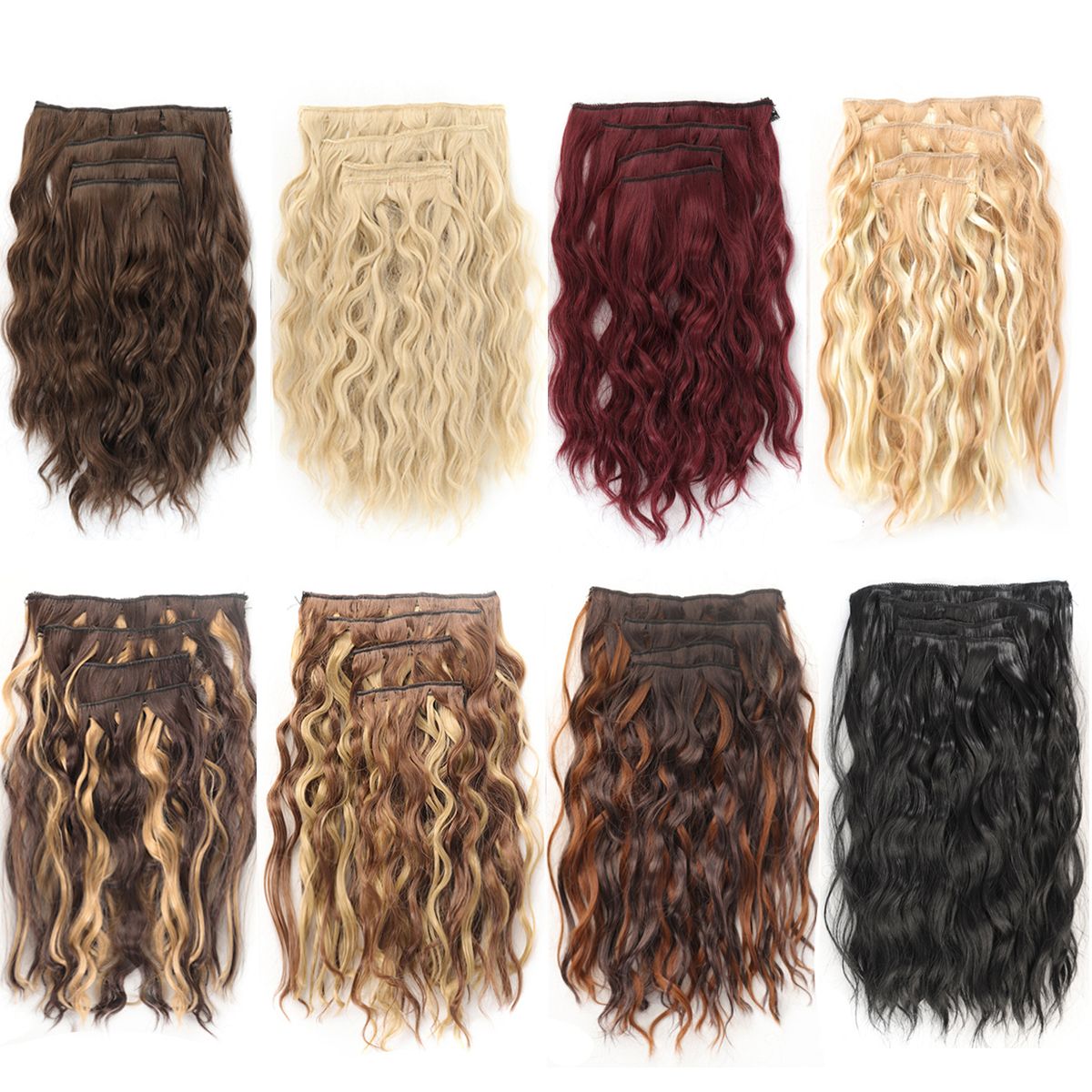short curly Synthetic Burgundy 4-piece set of water ripple hair extension wig clip in woman's clip hair accessories hairpiece
