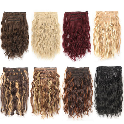 short curly Synthetic Burgundy 4-piece set of water ripple hair extension wig clip in woman's clip hair accessories hairpiece