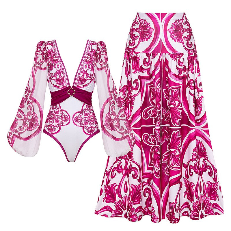 Flaxmaker Classic Women Sexy Bikini Sets Long Sleeves Majolica Series Pattern Print One Piece Swimsuit Skirt Biquini Beachwear