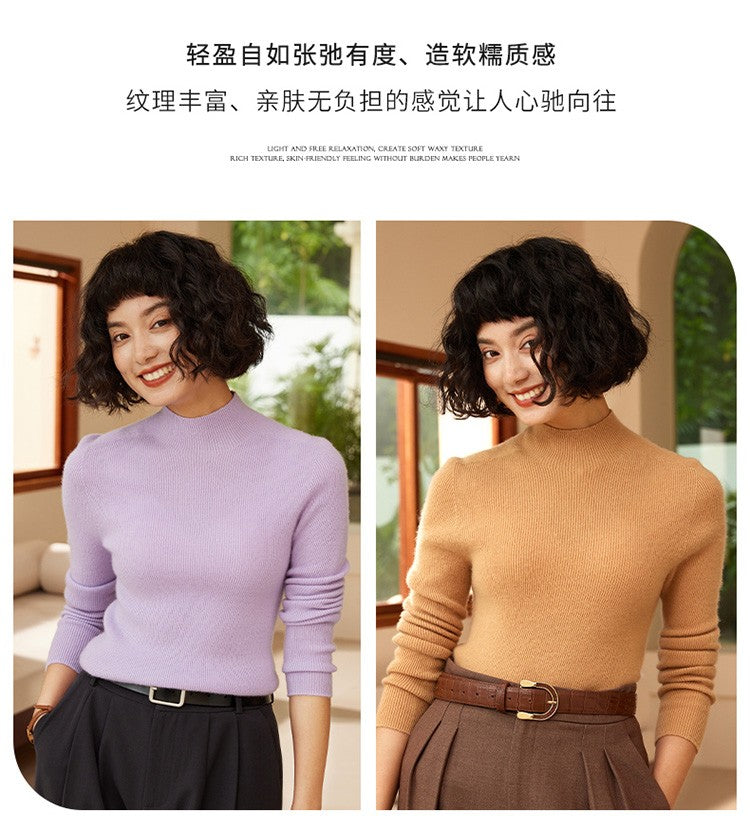Autumn and winter new women's 100% pure cashmere semi high neck pullover sweater knitted slim fit hot selling women's top