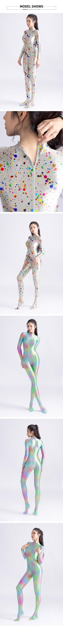 AMORESY Satin Glossy tights colourful Glossy bodysuit Silk Smooth Long sleeved zipper full body suit