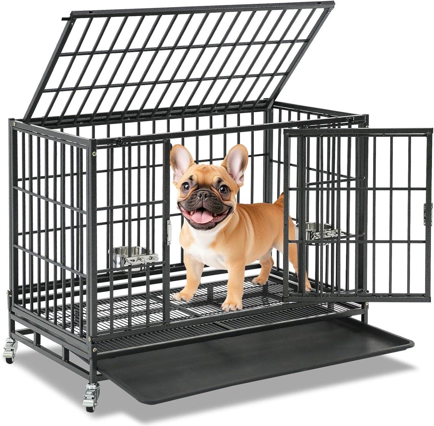 Caixa para Cães Dobrável de 37" para Serviço Pesado, Canil à Prova de Fuga com Rodas Traváveis, Bandeja Removível e Grade de Metal para Cães de Porte Médio/Pequeno