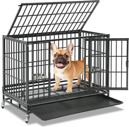 Caixa para Cães Dobrável de 37" para Serviço Pesado, Canil à Prova de Fuga com Rodas Traváveis, Bandeja Removível e Grade de Metal para Cães de Porte Médio/Pequeno