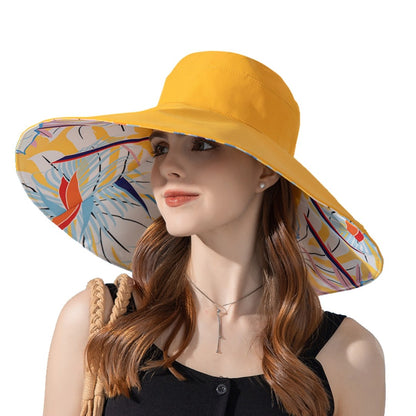 Chapéu Feminino de Verão Dupla Face com Aba Larga Proteção Solar Flor Praia Elegante Ao Ar Livre Protetor Solar Atacado Novo
