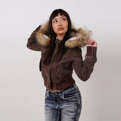 Vintage Brown Short Hooded Jacket Women's Full Sleeve Slim Detachable Fur Collar 2025 NEW Winter  Autumn Female Outerwear
