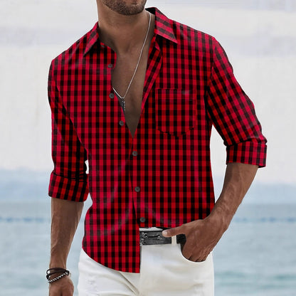 Men's red plaid shirt formal shirt long sleeve fashion casual vacation summer spring and autumn lapel 3d printing shirt