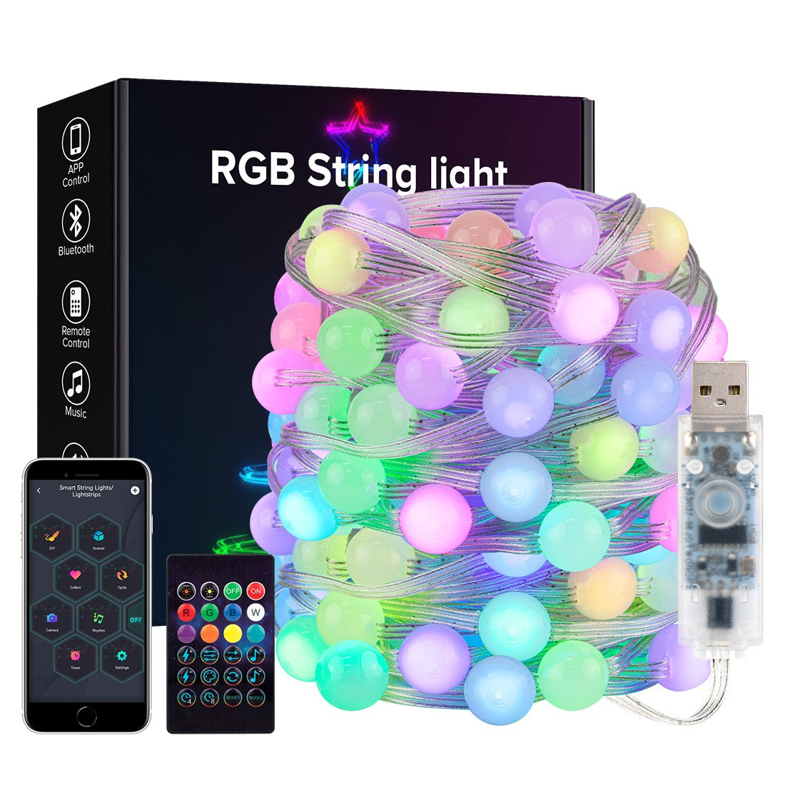 USB Christmas Lights String 5m 10m Bluetooth Music APP Remote DC5V WS2812B Party Wedding Garden Backyard Star Rugby Strawberries
