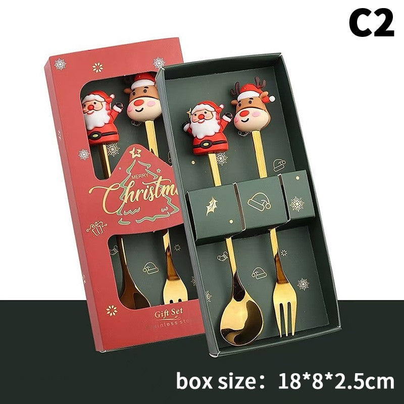 Stainless Steel Christmas Fork And Spoon Set with Gift Box for Coffee Tea Dessert Tableware