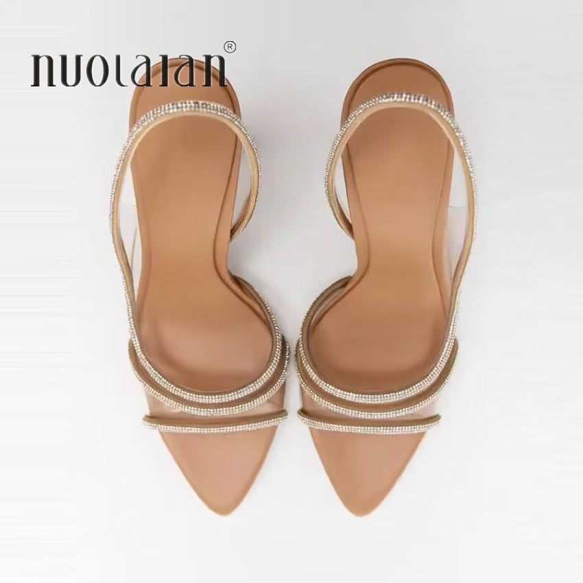 2025 Women Summer Rhinestone Slingback Pumps Office Lady Transparent Heeled Sandals Elegant Pointed Toe Female Sexy High Heels