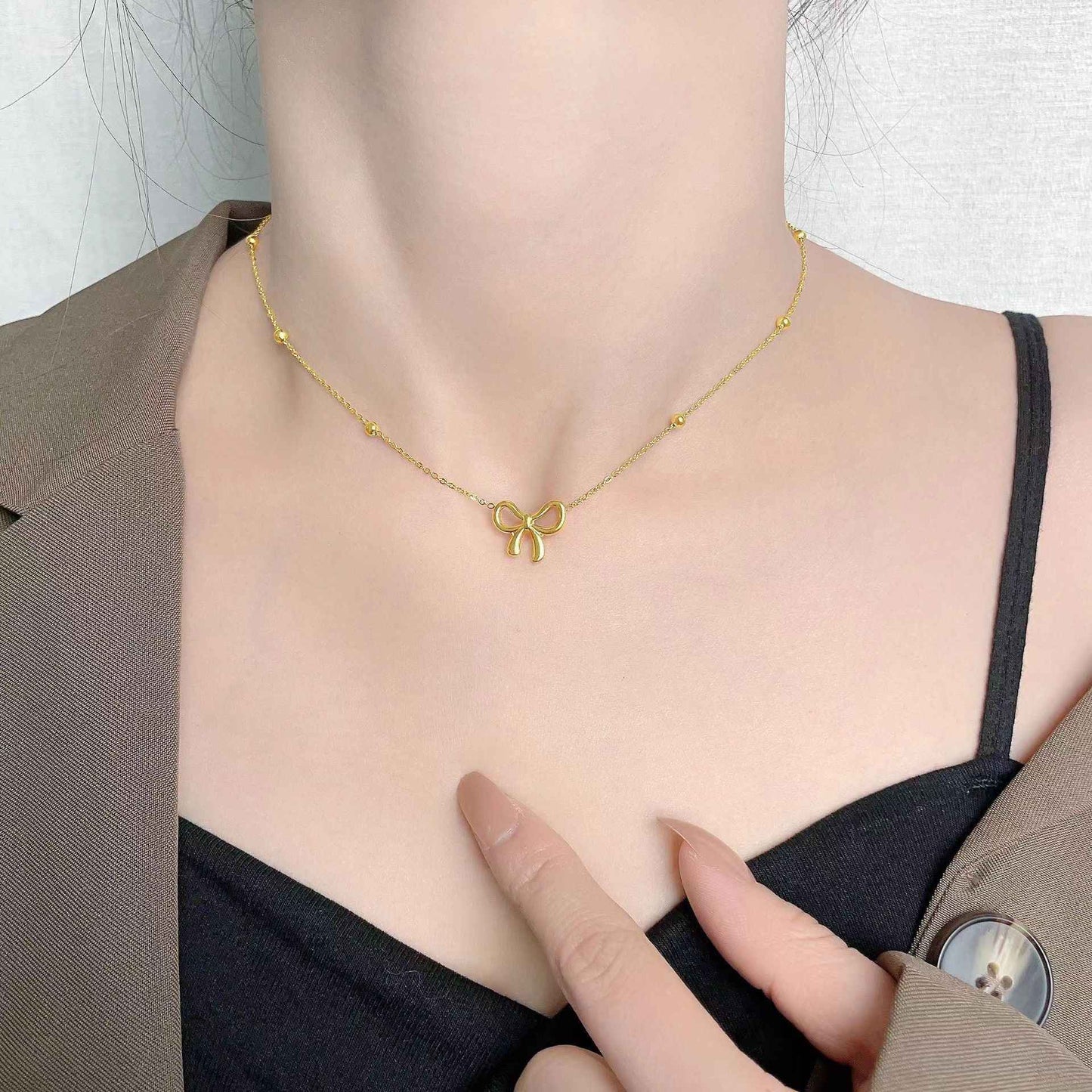Conjunto de Joias Clássico de Aço Inoxidável com Laço, Colar, Pulseiras e Brincos para Mulheres e Meninas, Novo, Moderno, Gargantilha, Presente de Festa