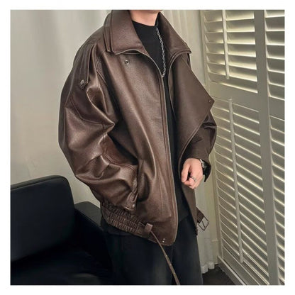 Spring and Autumn Retro PU Jacket Casual Zipper Locomotive Leather Clothes