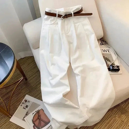 White Wide Leg Jeans High Waist Casual Loose Women's Denim Pants Folded Design Versatile plus Size Floor-Length Trousers