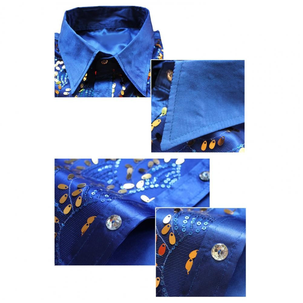 Men Sequins Shirt Adult Lapel Long Sleeved Dance Performance Shirt Costume Wedding Stage Shirt Slim Fit Casual Men Shirts Tops