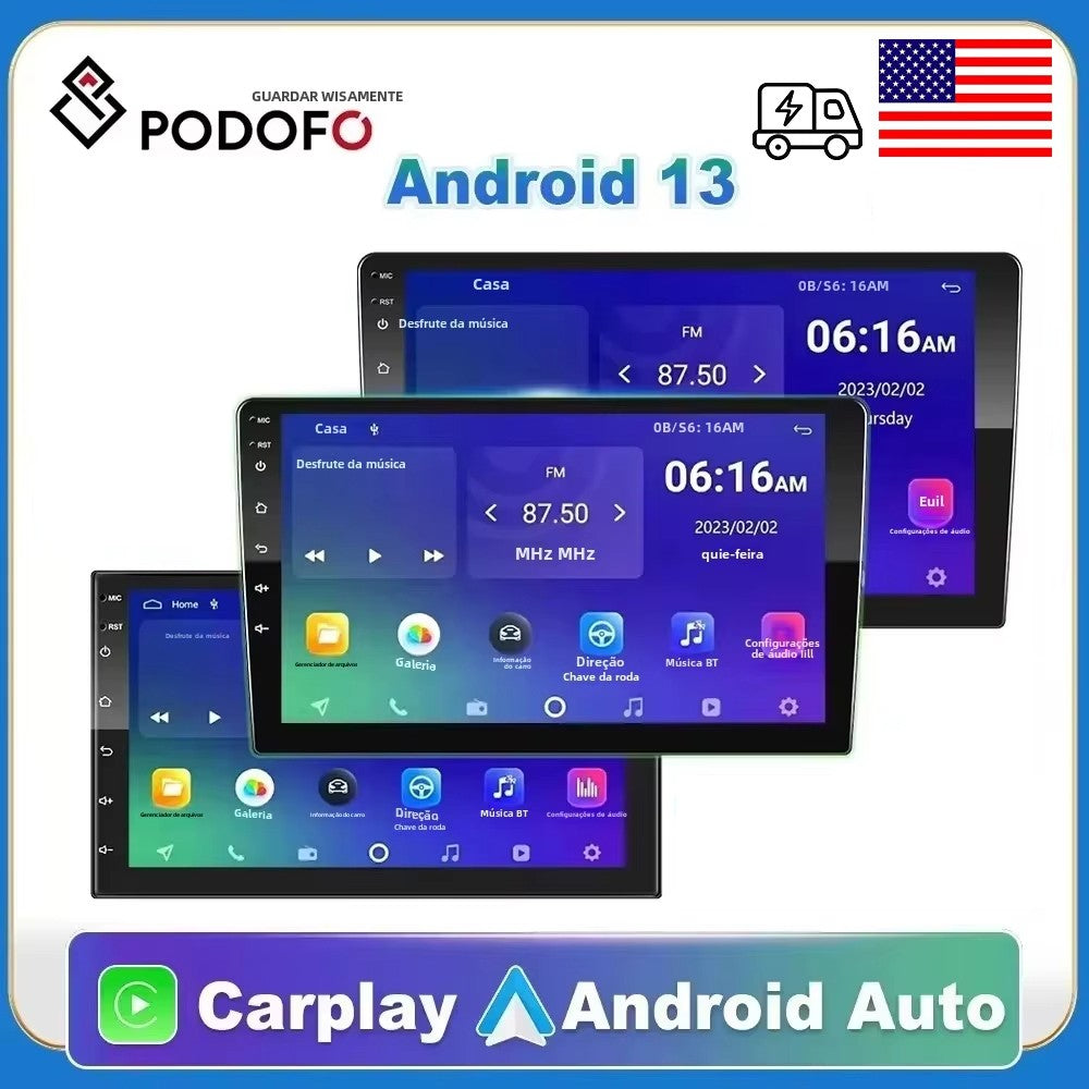Podofo Rádio Automotivo Android 12 Androidauto Carplay 2 Din GPS Áudio Automotivo 7"/9"/10" WIFI BT Leitor Multimídia Automotivo para VW Ford
