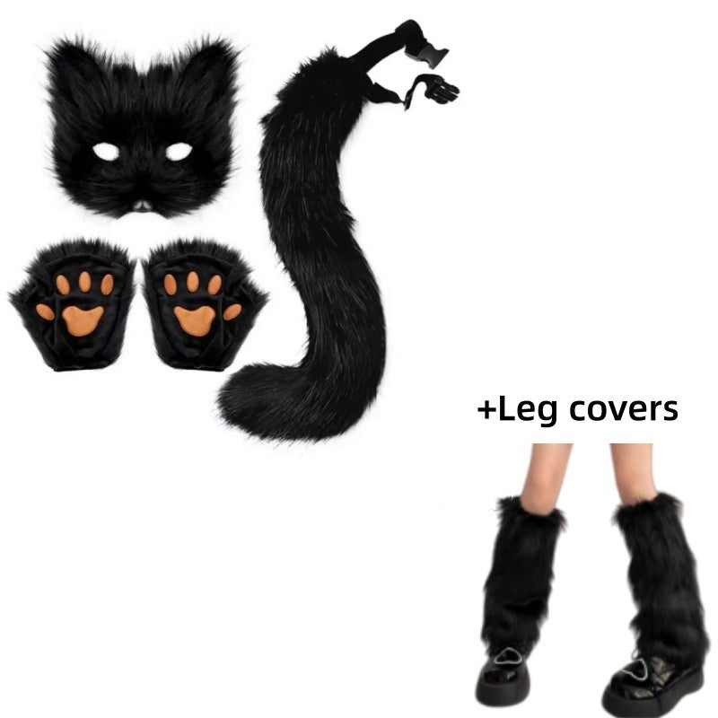 Costume Set Fox Tail Ears Gloves Artificial Fur Boot Covers Cosplay Halloween Prop Adult Women Men Unisex