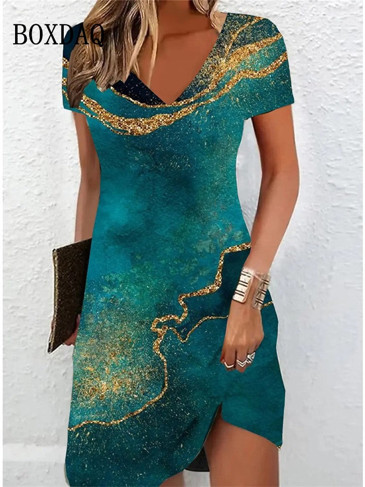 Women's Casual Dress Summer 2024 Marble Print V Neck Short Sleeve Midi Dress Tie