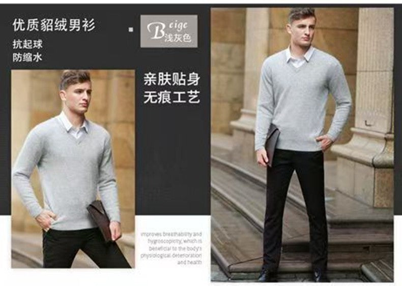 Autumn And Winter New Warm Pure Mink Cashmere Sweater Men's V-neck Pullover Thickened Plus Size Knitted Bottoming Shirt