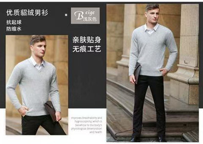 Autumn And Winter New Warm Pure Mink Cashmere Sweater Men's V-neck Pullover Thickened Plus Size Knitted Bottoming Shirt
