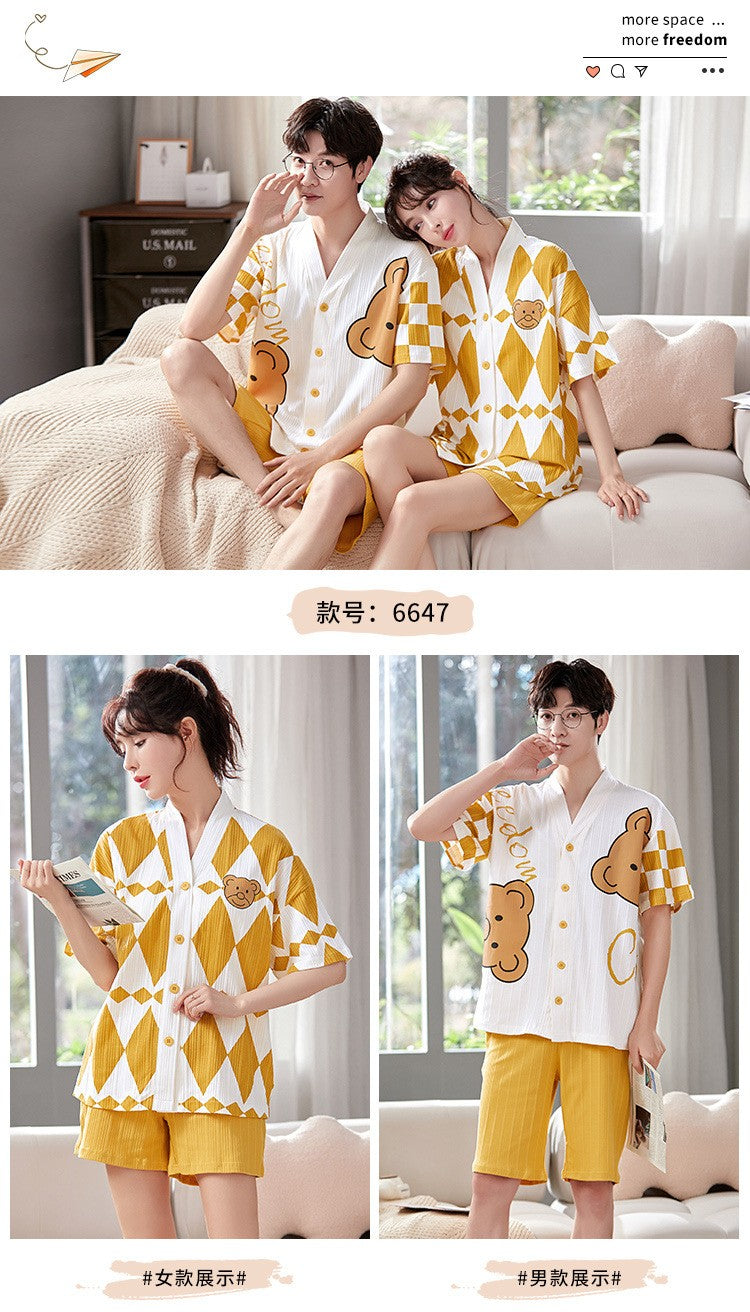 Japan Kimono Cartoon Couples Sleepwear Cotton Mens Women Summer Short Pajamas Set Loungewear for Young Girl Boy Home Clothes