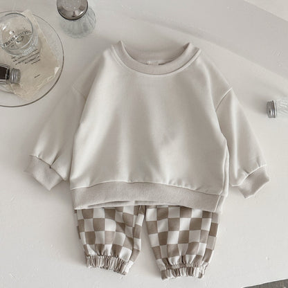 Autumn Fashion Newborn Baby Boys Girls Clothes Comfort Outfit Solid Color Long Sleeves Top+Chessboard Pattern Pants 2Pcs/set
