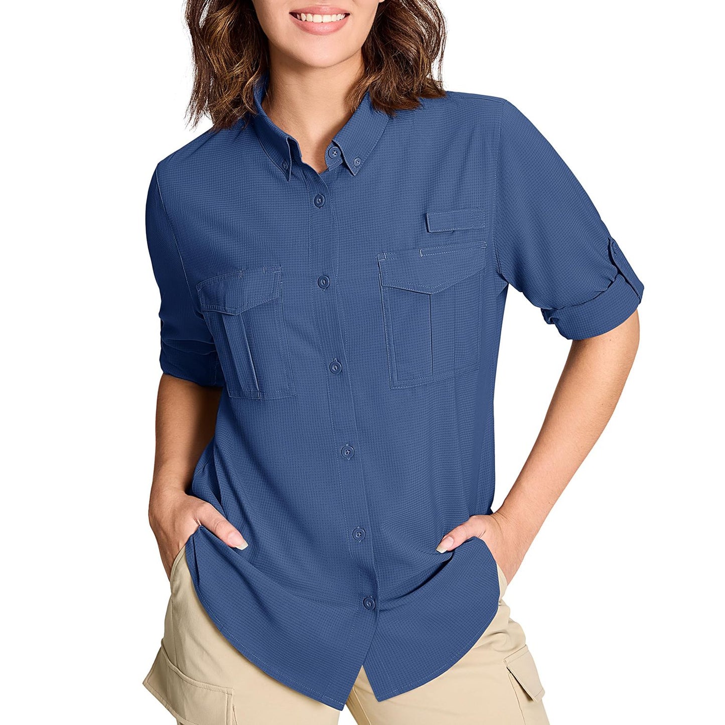 TACVASEN Womens UPF 50+ Fishing Shirts UV Block Quick Dry Long Sleeve Cargo Shirts Breathable Mesh Outdoor Trekking Hiking Shirt