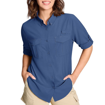 TACVASEN Womens UPF 50+ Fishing Shirts UV Block Quick Dry Long Sleeve Cargo Shirts Breathable Mesh Outdoor Trekking Hiking Shirt
