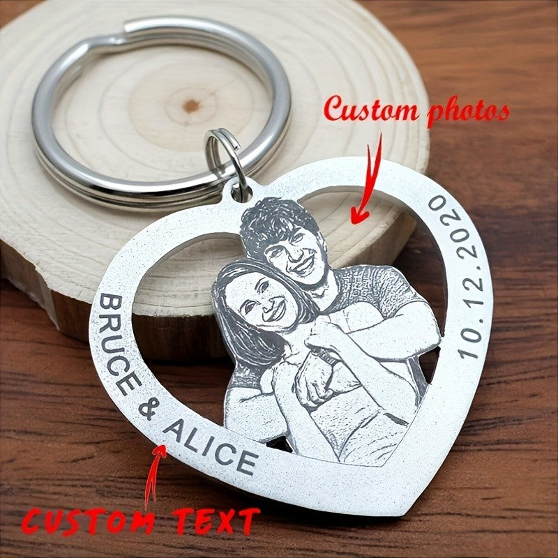 ?Customized Product?Personalized Stainless Steel Heart-Shaped Keychain - Customizable with family and couple photos, text, and date - Valentine's Day/Christmas gift - A memorable keepsake gift for family, couples, and pets