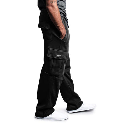Men's Stretch Elastic Waist Jogger Sweatpants - Black with Multiple Utility Pockets, Drawstring Closure & Side Stripes