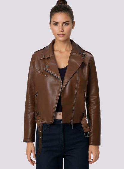 Women's Bright Red Long-sleeve PU Jacket, Lapel Collar Black Short Faux Leather Coat, Available in Dark Brown or Beige.