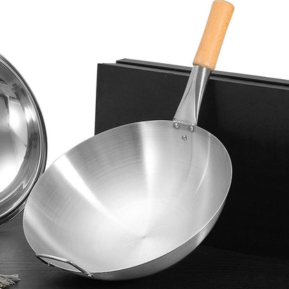 Wok de Aço Inoxidável com Cabo de Faia Anti-Queimadura Fundo Redondo Utensílio de Cozinha para Fogões a Gás 32cm