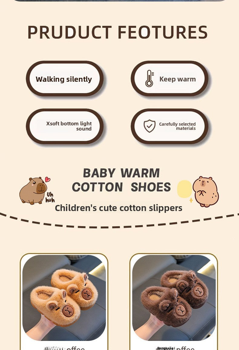 Kids Winter Warm Cotton Slippers Cute Capybara Slip-On Shoes for Boys & Girls Soft Non-Slip Soles Lightweight Easy Wear Closure