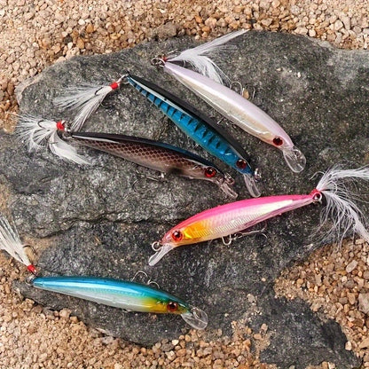 5pcs/set 9cm/6.5g Bionic Minnow Lure, Artificial Hard Bait With Feathered Sharp Hook, Outdoor Fishing Tackle
