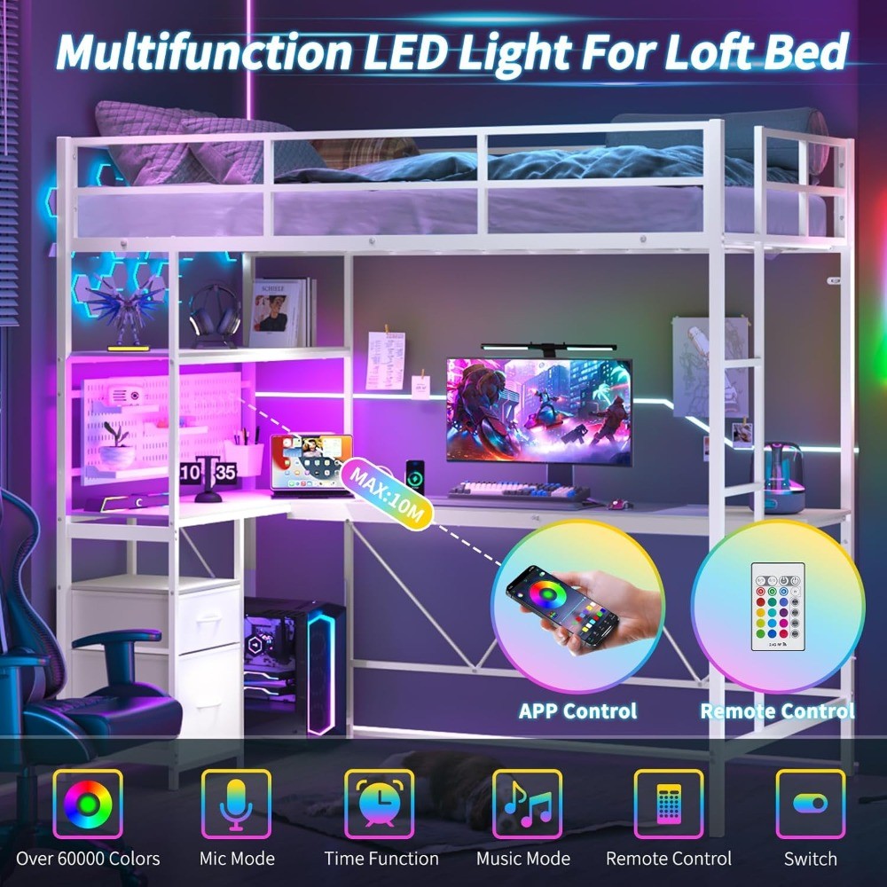 Yoobure Loft Bed Twin Size with L-Shaped Desk, LED Lights Charging Station LED Metal Twin Loft Bed Frame with 2 Storage Drawers