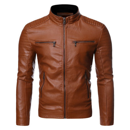 Men's leather jacket 2025 new spring and autumn thin style stand collar striped PU leather jacket motorcycle leather jacket