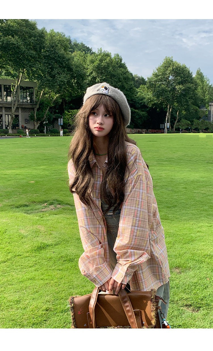 Ice Blue Plaid Long Sleeve Shirt Unisex Premium Cleanfit Denim Fabric V-neck Open Cardigan Style Holiday Vibes Short Length