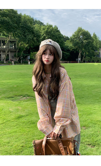 Ice Blue Plaid Long Sleeve Shirt Unisex Premium Cleanfit Denim Fabric V-neck Open Cardigan Style Holiday Vibes Short Length