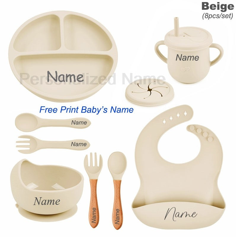 8Pcs Silicone Tableware Set Personalized Name Logo Baby Feeding Set Spoon Fork Suction Cup Bowl Silicone Dinner Plate For Kids
