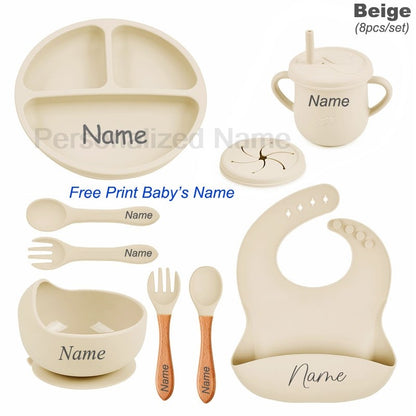8Pcs Silicone Tableware Set Personalized Name Logo Baby Feeding Set Spoon Fork Suction Cup Bowl Silicone Dinner Plate For Kids