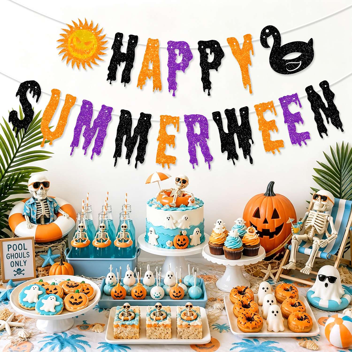 Happy Summer Halloween Themed Banners Party Decorations Kids Birthday Scaring Horror Beach Party Supplies