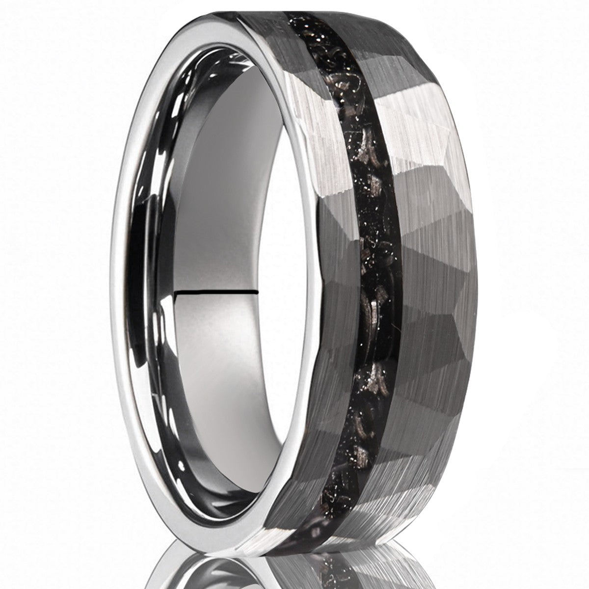 Anel de tungstênio com incrustação de fragmentos de meteorito martelado de 8 mm, aliança de casamento masculina, presente de acessórios de joalheria de ajuste confortável