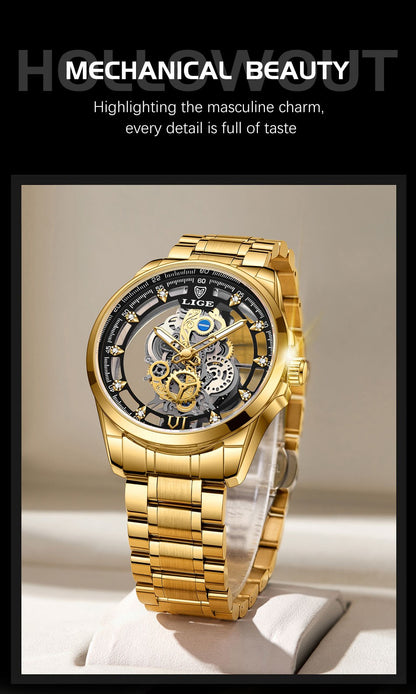 LIGE New Men Watch Skeleton Quartz Wristwatch Gold Skeleton Retro Man Watch Top Brand Luxury Clock Mens Watches Reloj Hombre