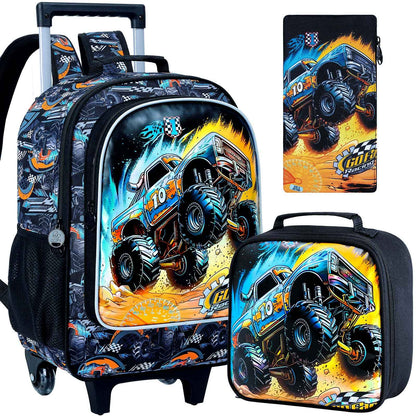 Mochila de Rodinha para Meninos, com 3 Peças, Rodas, Lancheira -