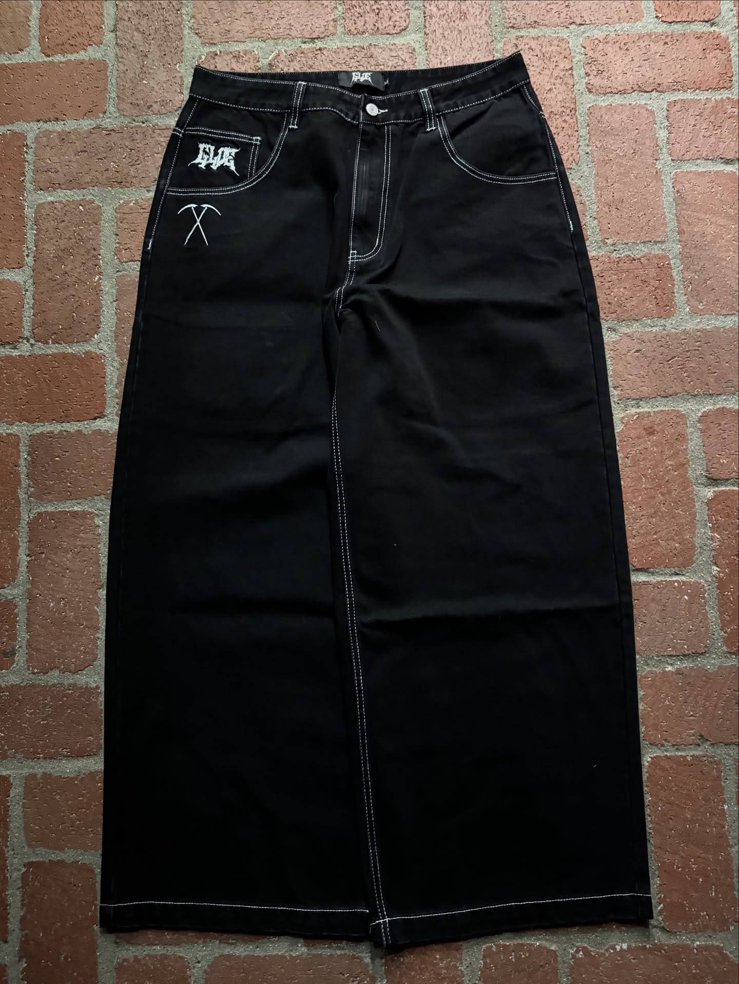 NOVOJeans Estampado Cartum Gótico Retrô Ceifador Vintage Masculino e Feminino Calça de Cintura Baixa Perna Larga Hip Hop Roupa
