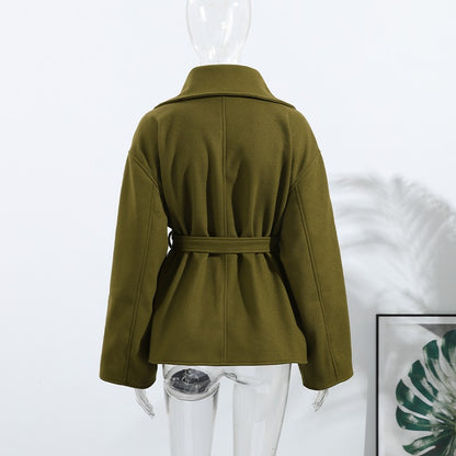 Woolen Solid Women Coat Fashion Belt Patchwork Lace Up Full Sleeve Lapel Lady Jacket 2025 Autumn Winter Female Loose Streetwear