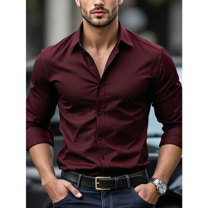 FGKKS New Men Casual Shirt Brand Fashion Solid Color Long Sleeve Elastic Fabric Male Business Dress Shirt