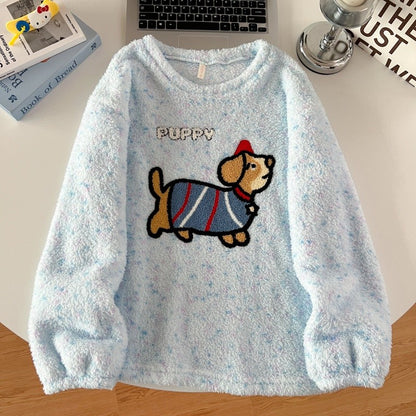 2pcs/Set Pajamas Korean Cute Dog Thickened Warm Fall And Winter Women's Pajamas Long-Sleeved Long Pants Set Sweet New Sleepwear