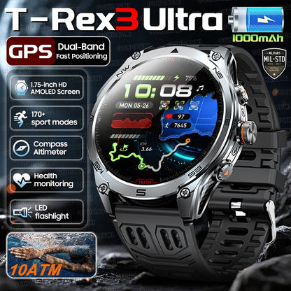 2025 Novo Smartwatch Militar T-Rex 3 Ultra GPS Bateria de 1000mAh 10ATM à Prova D'água Bússola Lanterna Rastreador Esportivo Smartwatch Masculino