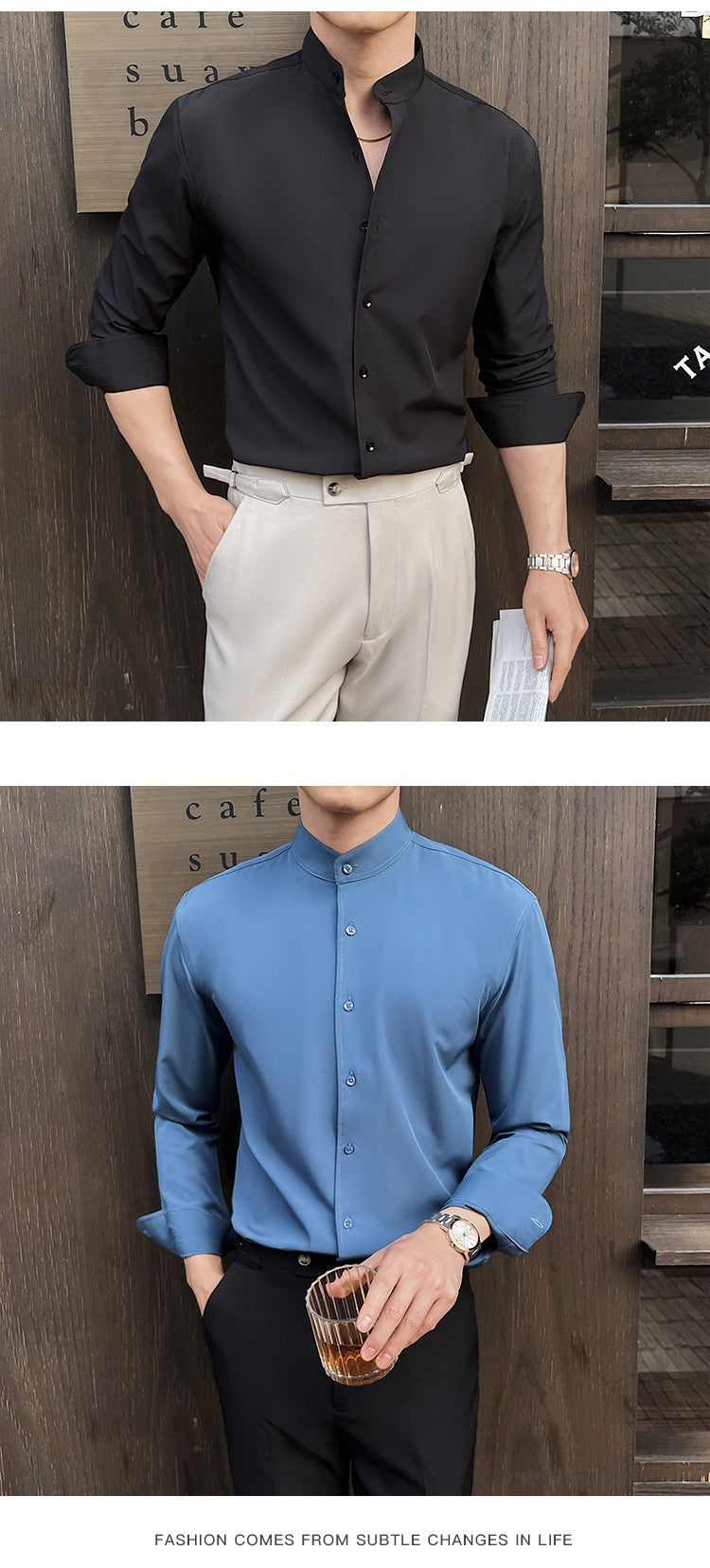 2025 Spring New Chinese Style High End Stand Up Collar Shirt Men's Long Sleeve Elastic Slimming Top Social Dress Shirt
